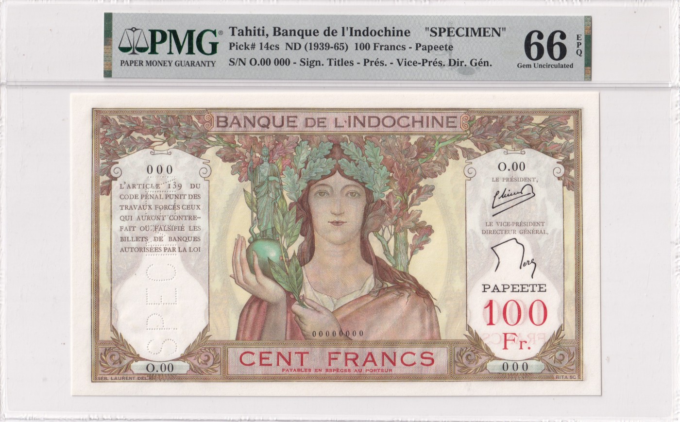 🌗乐淘淘世界纸币拍卖 第32期 🌓 塔希提岛1939-65年纸币 100法郎 样钞 精美法属大票幅 PMG66EPQ 亚军分