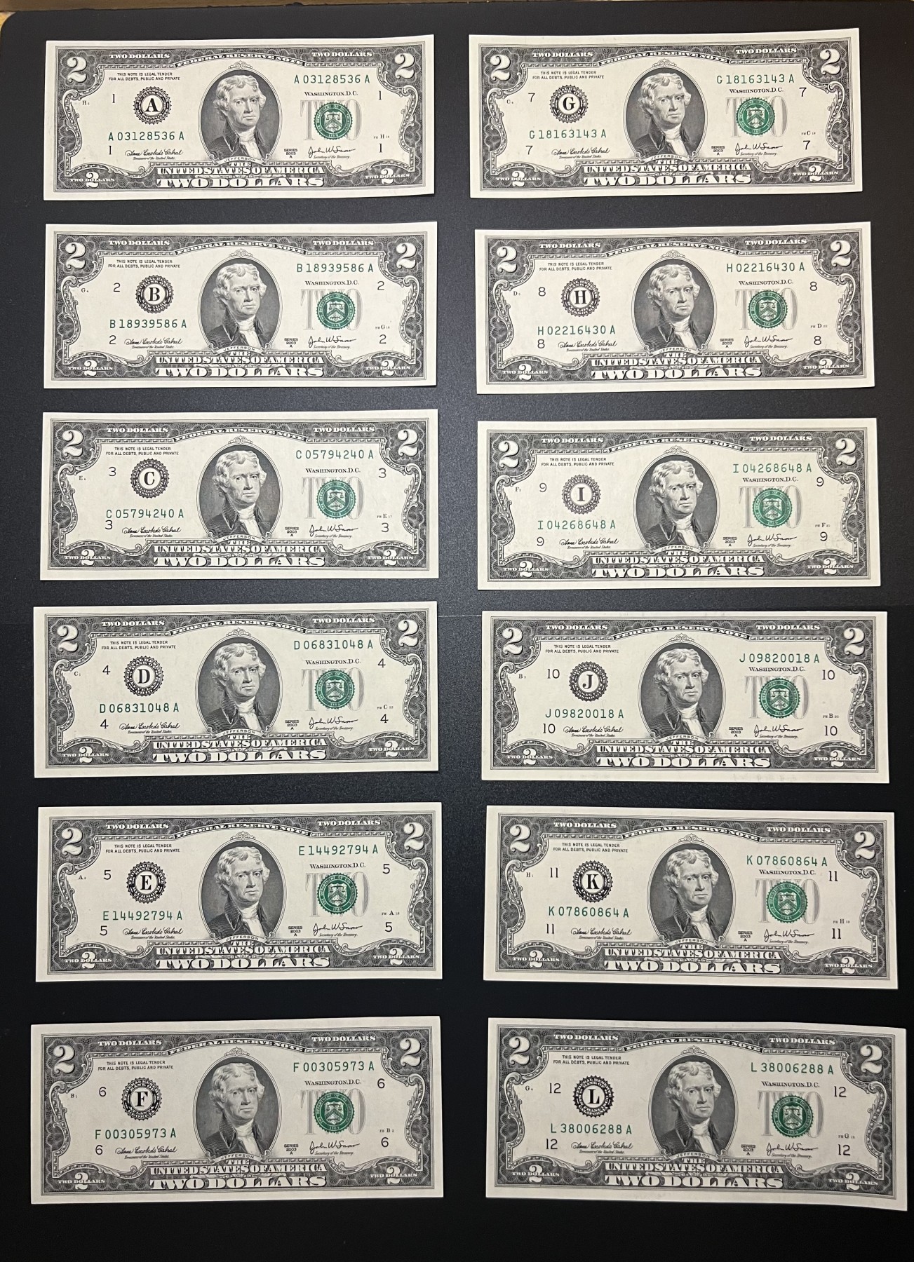 🌗乐淘淘世界纸币拍卖 第32期 🌓 【12冠号大全】美国2003A版纸币 2美元 十二张 A-L冠号 全新UNC