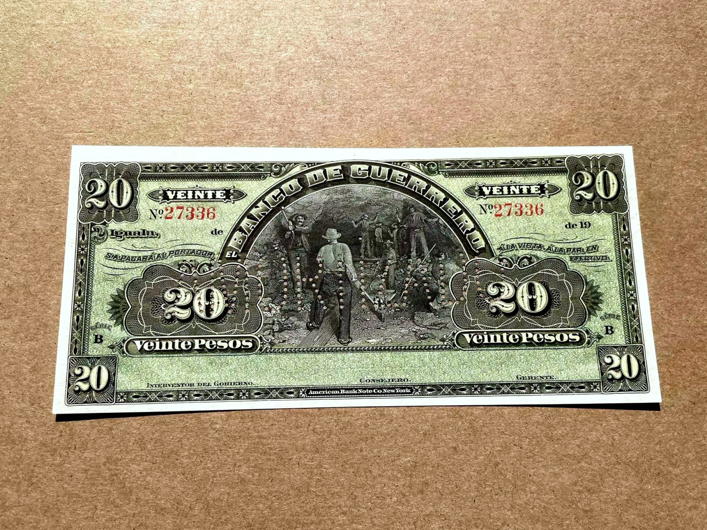 【Blue Auction】✨世界纸币精拍第402期【精】 墨西哥 1914年20比索 ABNC出品 雕刻精美 大票幅 矿工 背面风景唯美 样钞 全新UNC