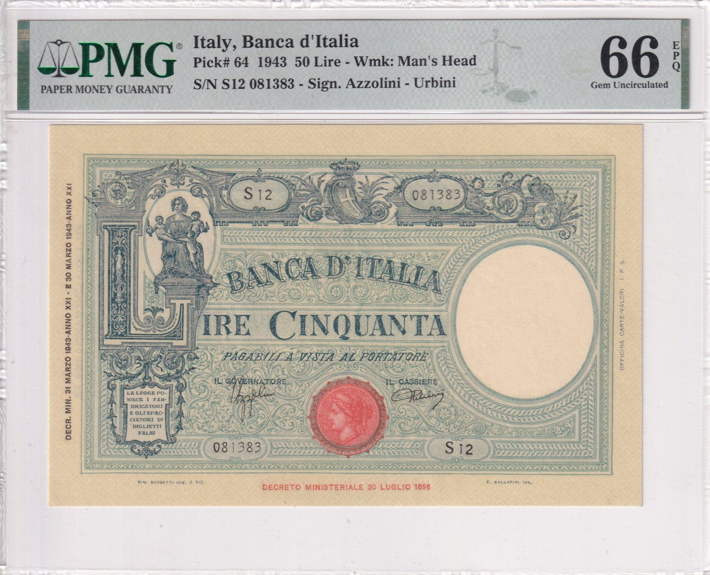 🌗乐淘淘世界纸币拍卖 第32期 🌓 【S12 081383】意大利1943年纸币 50里拉 无47 精美大票幅 PMG66EPQ 亚军分