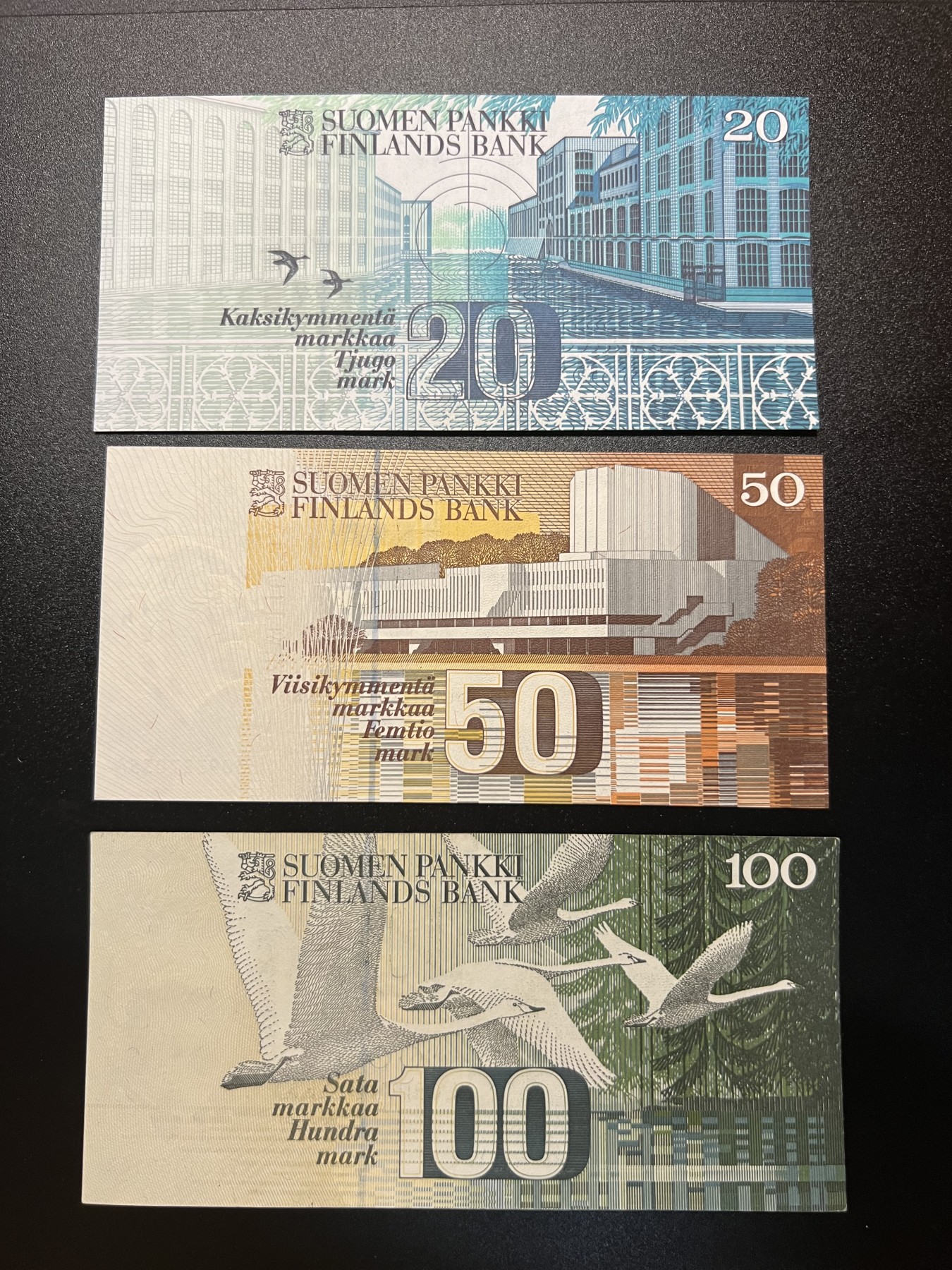 🌗乐淘淘世界纸币拍卖 第32期 🌓 芬兰纸币三张 20/50/100马克 有荧光反应 UNC