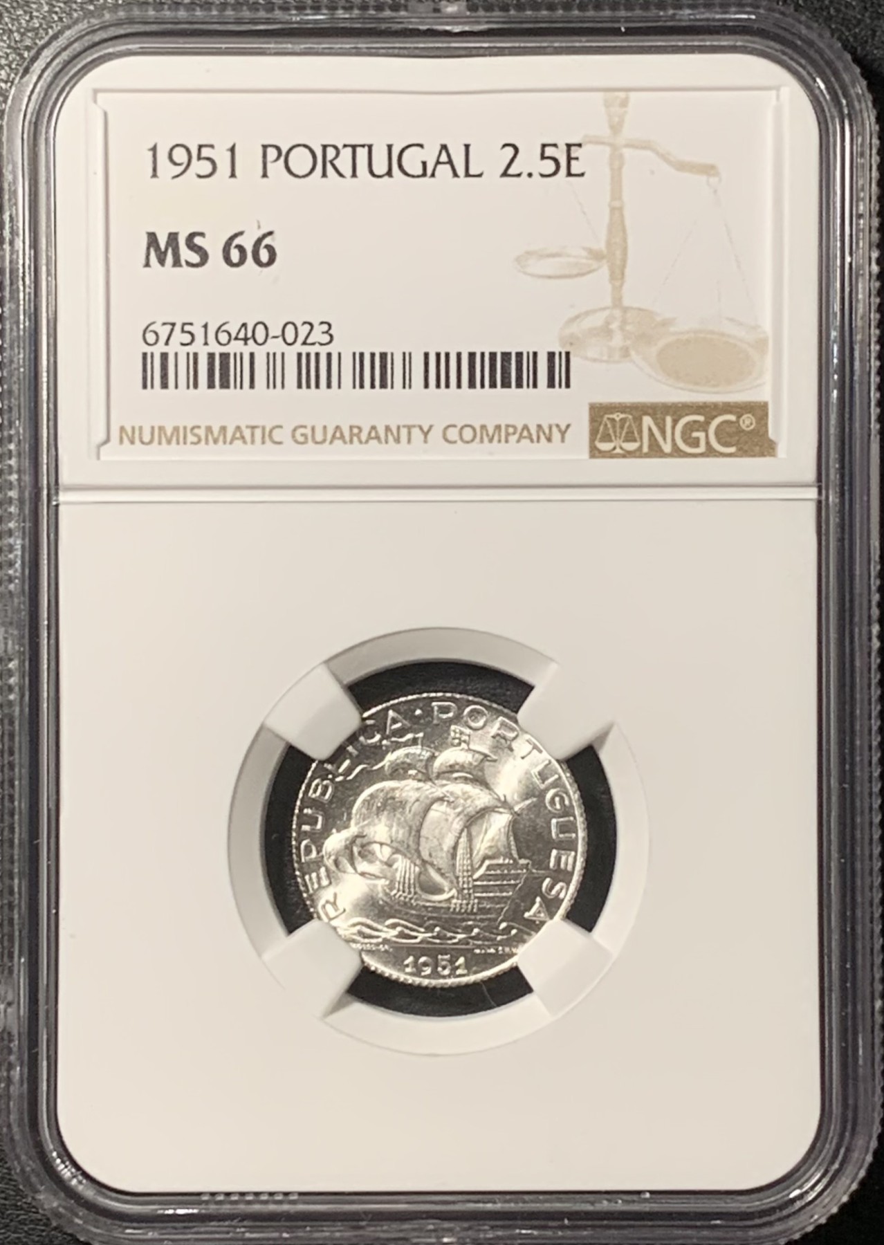 紫瑗钱币——第331期拍卖 葡萄牙 1951年 帆船 2.5埃斯库多 银币 NGC MS66