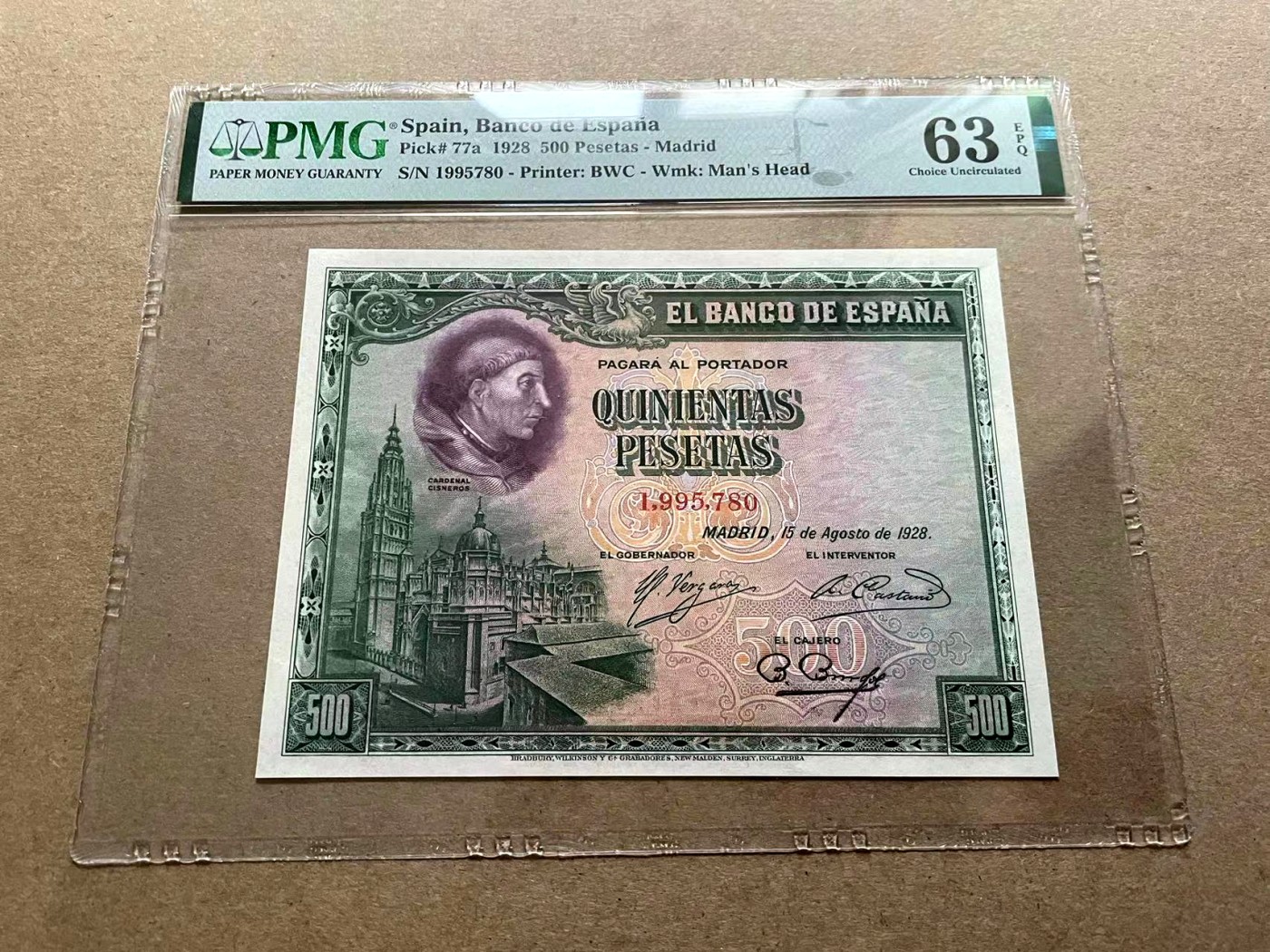 【Blue Auction】✨世界纸币精拍第402期【精】 西班牙 1928年500比塞塔 大方块 PMG63EPQ BWC出品