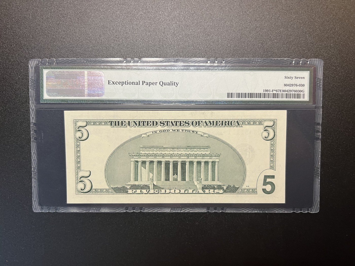 🌗乐淘淘世界纸币拍卖 第32期 🌓 【FF03451111*】美国2003A版纸币 5美元 稀少狮子号1111 星补号 PMG67EPQ 亚军分