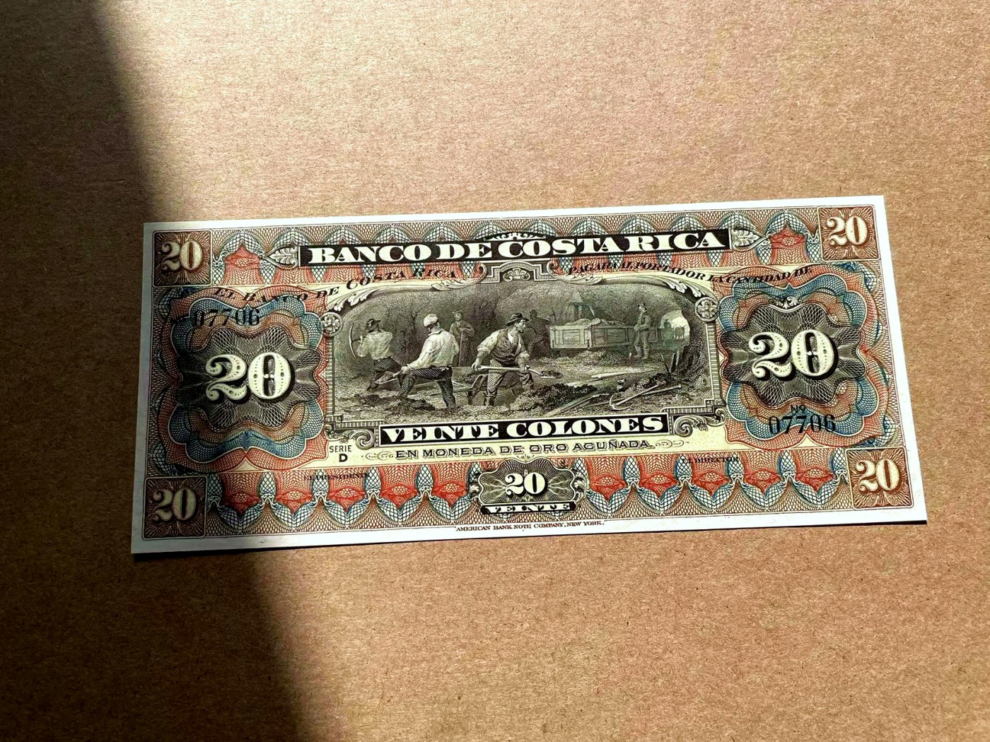 【Blue Auction】✨世界纸币精拍第402期【精】 哥斯达黎加 1901-08年20克朗 ABNC出品 雕刻精美 大票幅 矿工 大场景 全新UNC