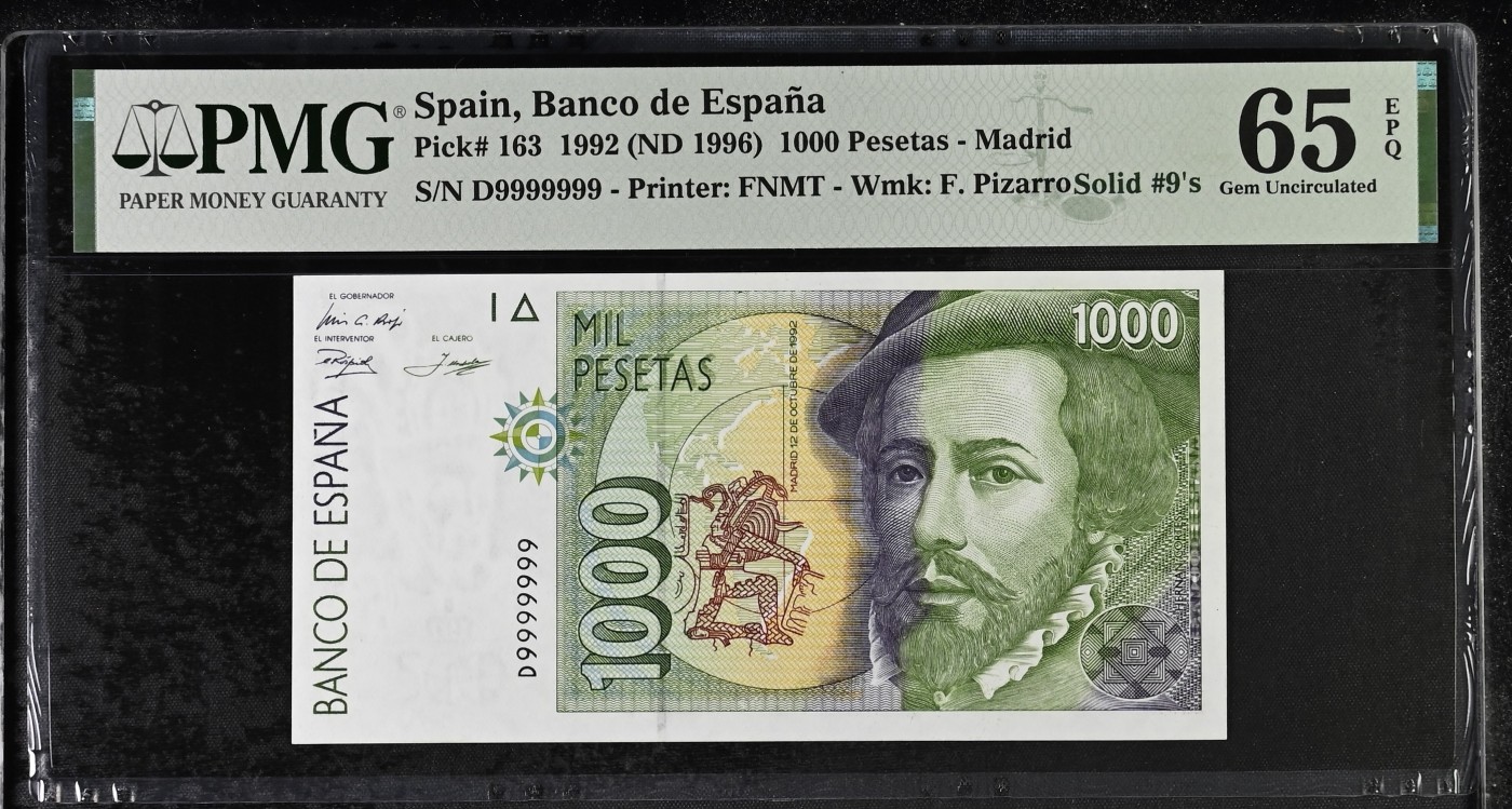 【Blue Auction】✨世界纸币精拍第402期【精】 【全同9稀见】西班牙 1996年1000比塞塔 PMG65EPQ 号码爱好者不可错过 很难碰到