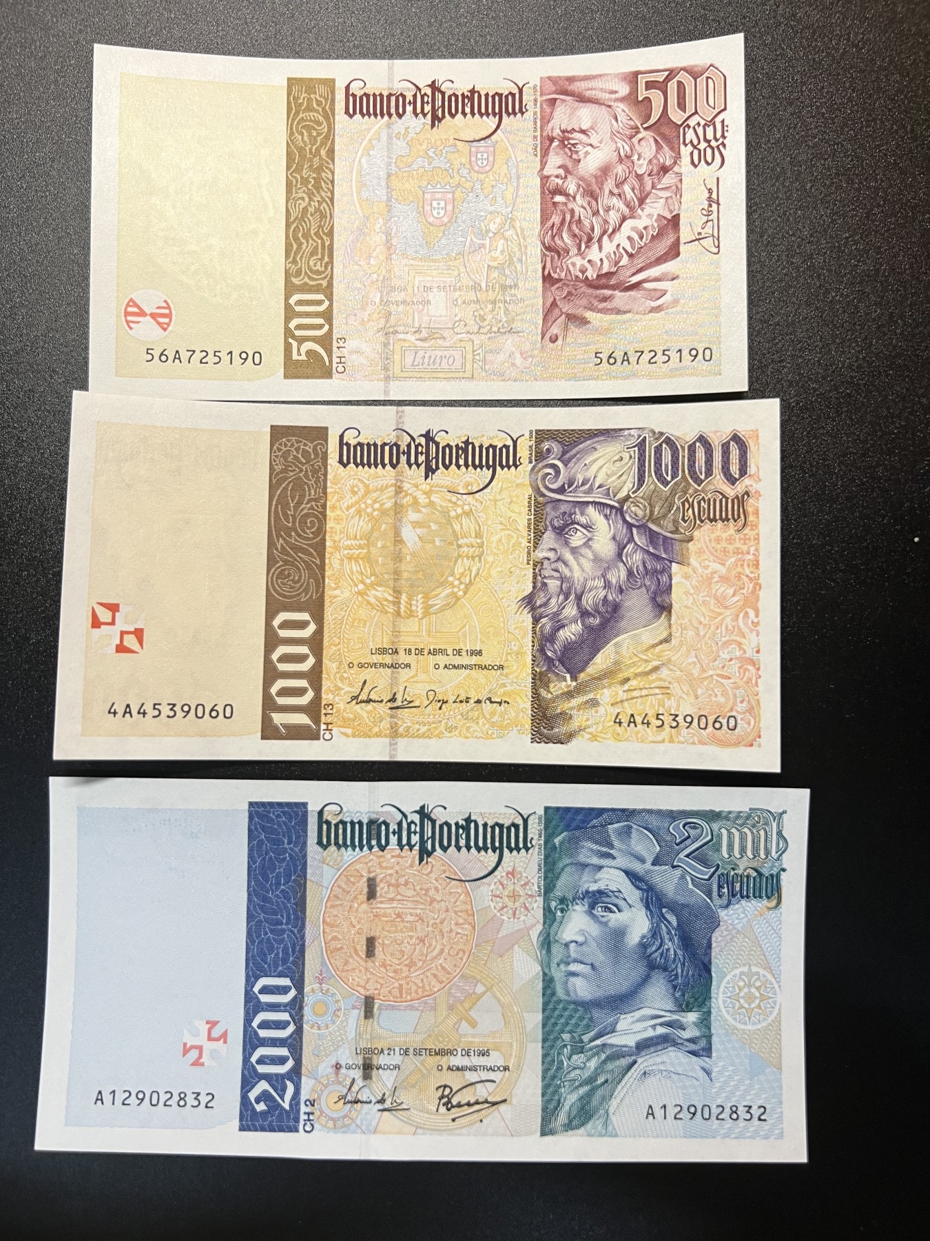 🌗乐淘淘世界纸币拍卖 第32期 🌓 葡萄牙1995-97年纸币 500/1000/2000埃斯库多 UNC