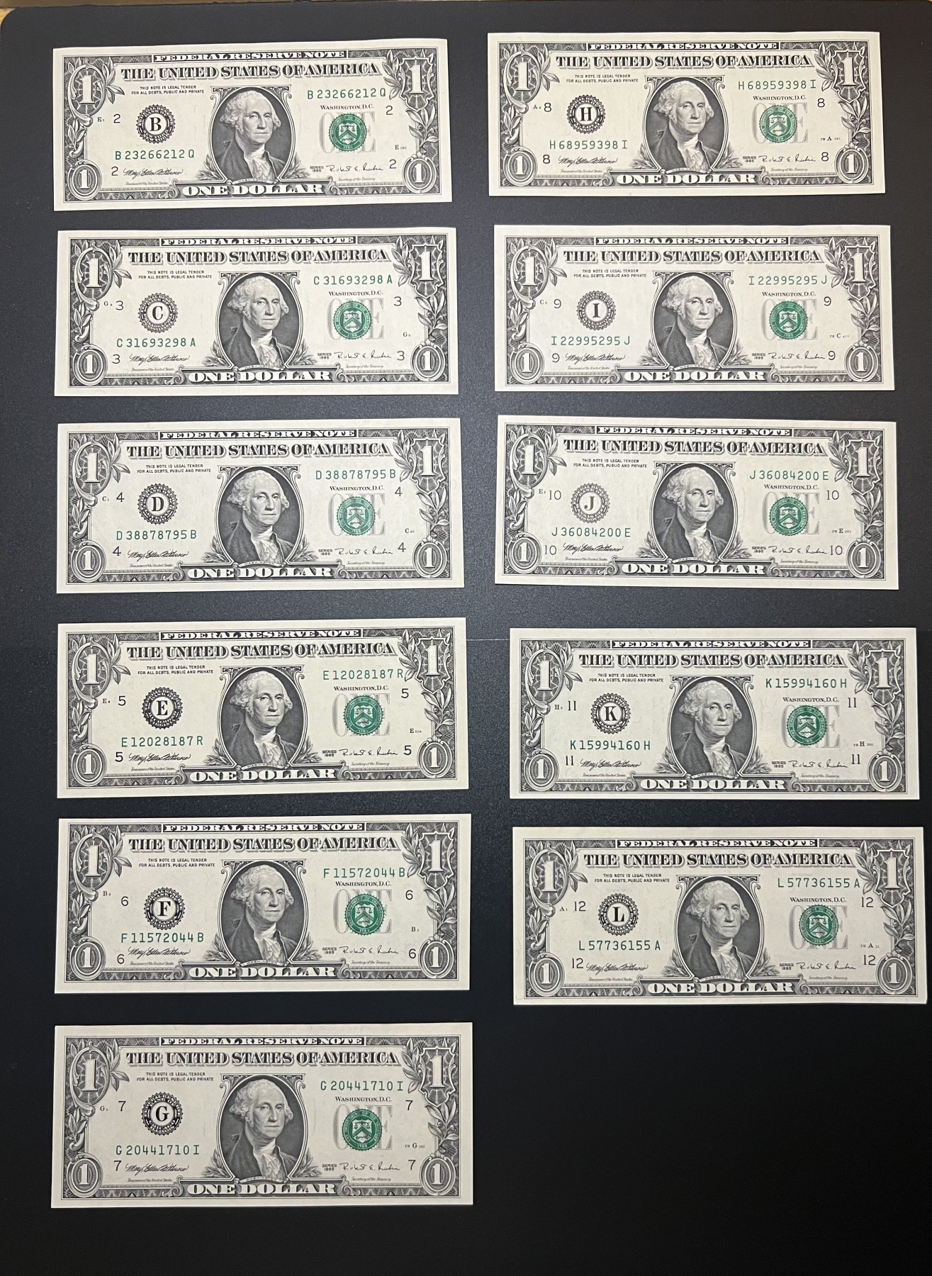 🌗乐淘淘世界纸币拍卖 第32期 🌓 美国1995年纸币 1美元 十一张 B-L冠 边缘有潮 UNC
