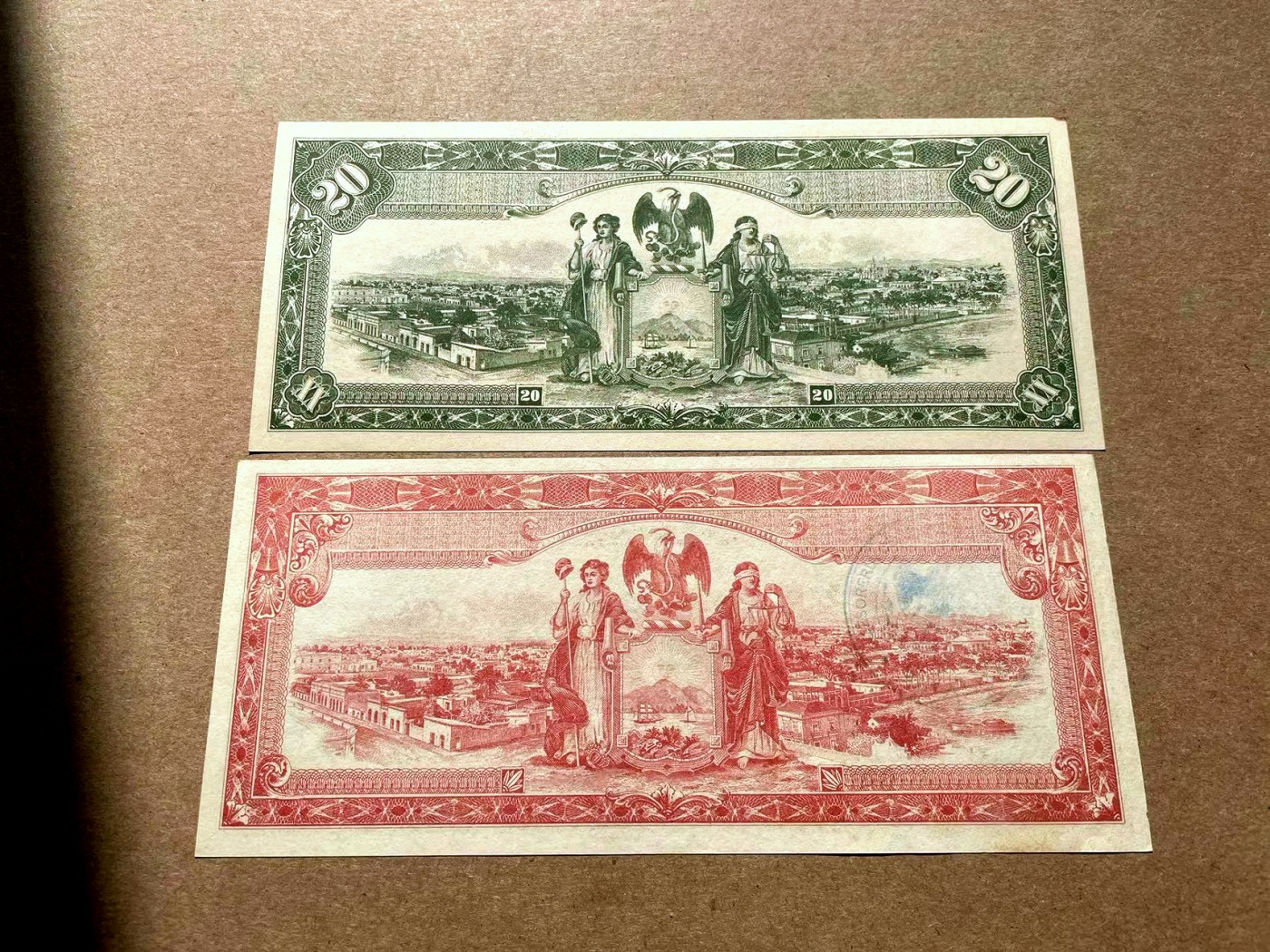 【Blue Auction】✨世界纸币精拍第402期【精】 【一组2张实钞】墨西哥 1915年5-20比索一组 双面设计精美 大票幅 UNC- （有轻微黄）