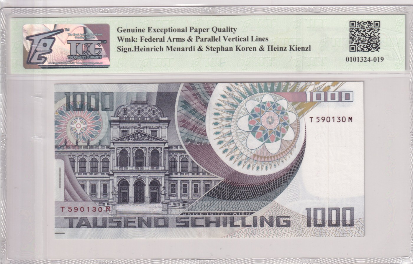 🌗乐淘淘世界纸币拍卖 第32期 🌓 【T 590130 M】奥地利1983年纸币 1000先令 薛定谔 无47 TQG66EPQ
