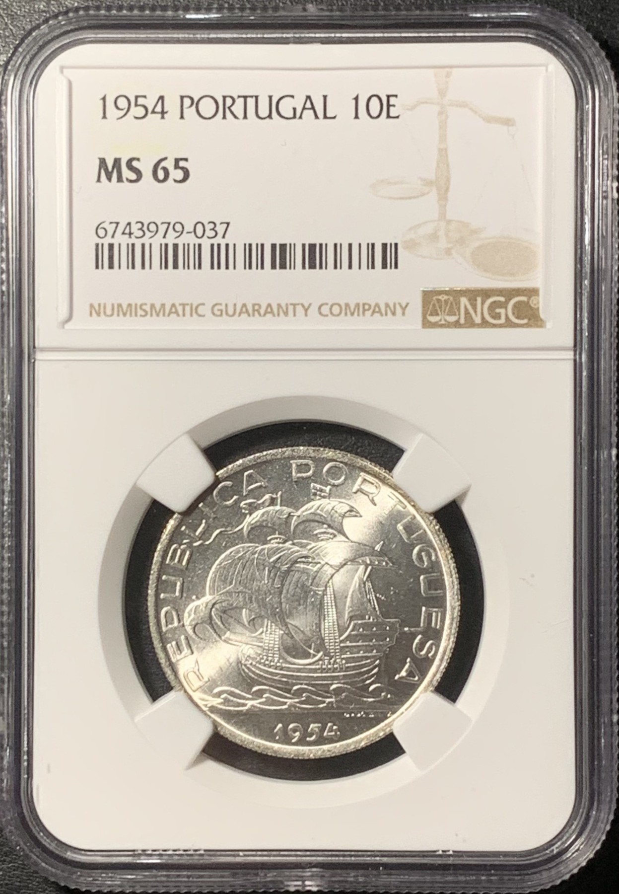紫瑗钱币——第331期拍卖 葡萄牙 1954年 帆船 10埃斯库多 银币 NGC MS65