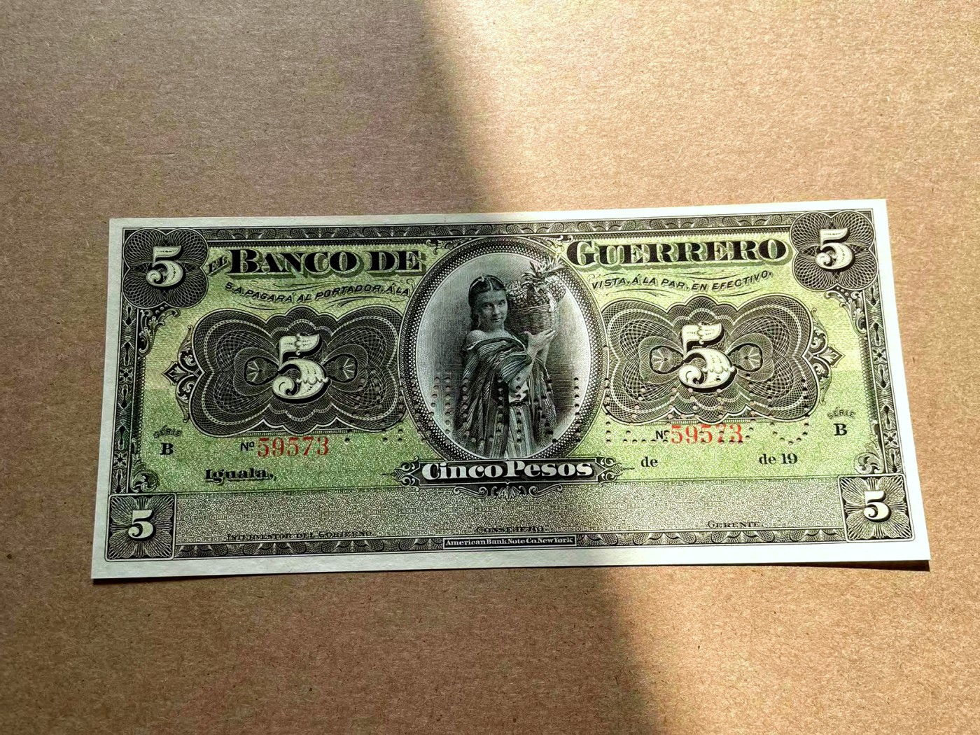 【Blue Auction】✨世界纸币精拍第402期【精】 墨西哥 1914年5比索 ABNC出品 雕刻精美 大票幅 美女 背面风景唯美 样钞 全新UNC