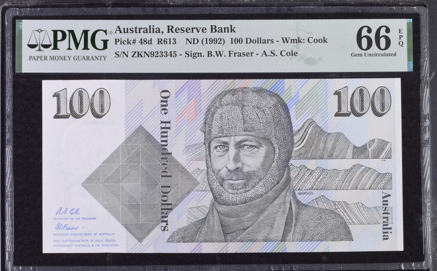 🌗乐淘淘世界纸币拍卖 第32期 🌓 【ZKN923345】澳大利亚1992年纸币 100元 毛线帽 尾顺子 PMG66EPQ 亚军分