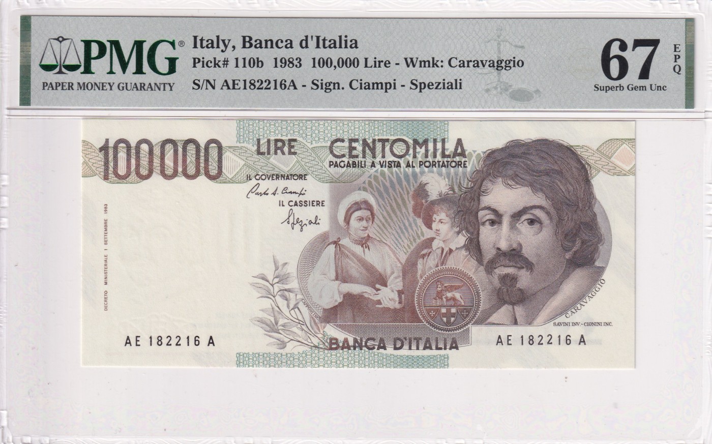 🌗乐淘淘世界纸币拍卖 第32期 🌓 【AE182216A】意大利1983年纸币 100000里拉 卡拉瓦乔 无47 PMG67EPQ 冠军分！