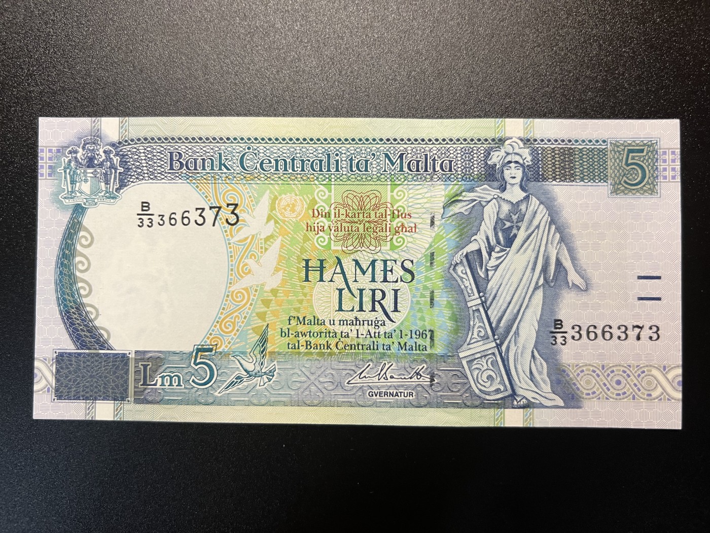 🌗乐淘淘世界纸币拍卖 第32期 🌓 【B/33 366373】马耳他1967（1994）年纸币 5里拉 数三 全新UNC