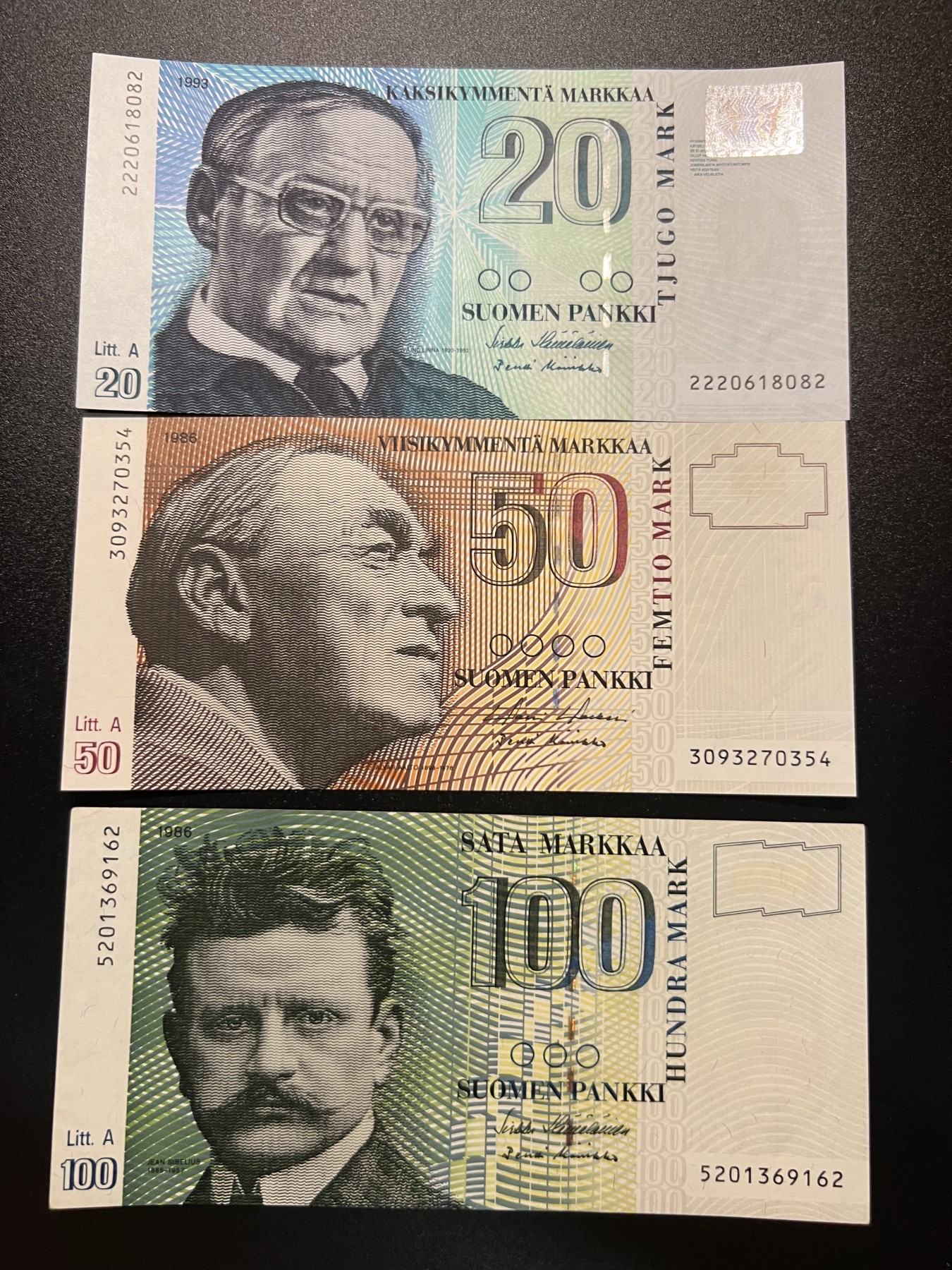 🌗乐淘淘世界纸币拍卖 第32期 🌓 芬兰纸币三张 20/50/100马克 有荧光反应 UNC