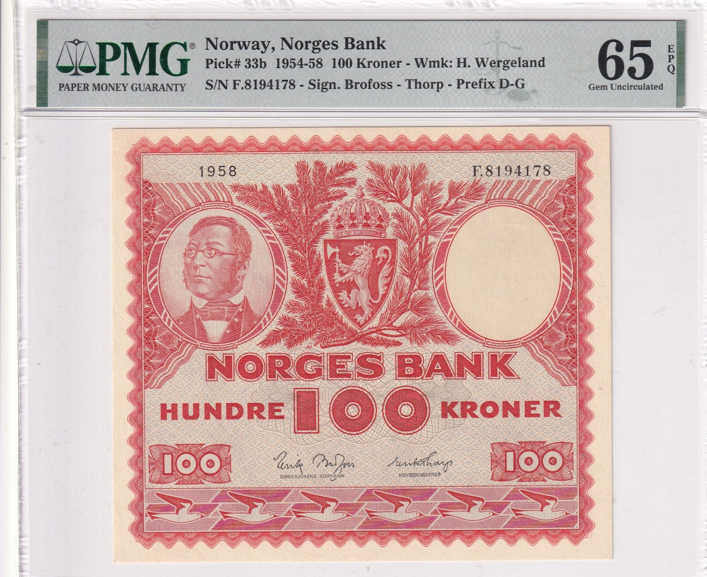 🌗乐淘淘世界纸币拍卖 第32期 🌓 【F.8194178】挪威1954-58年纸币 100克朗 精美大票幅 PMG65EPQ 亚军分