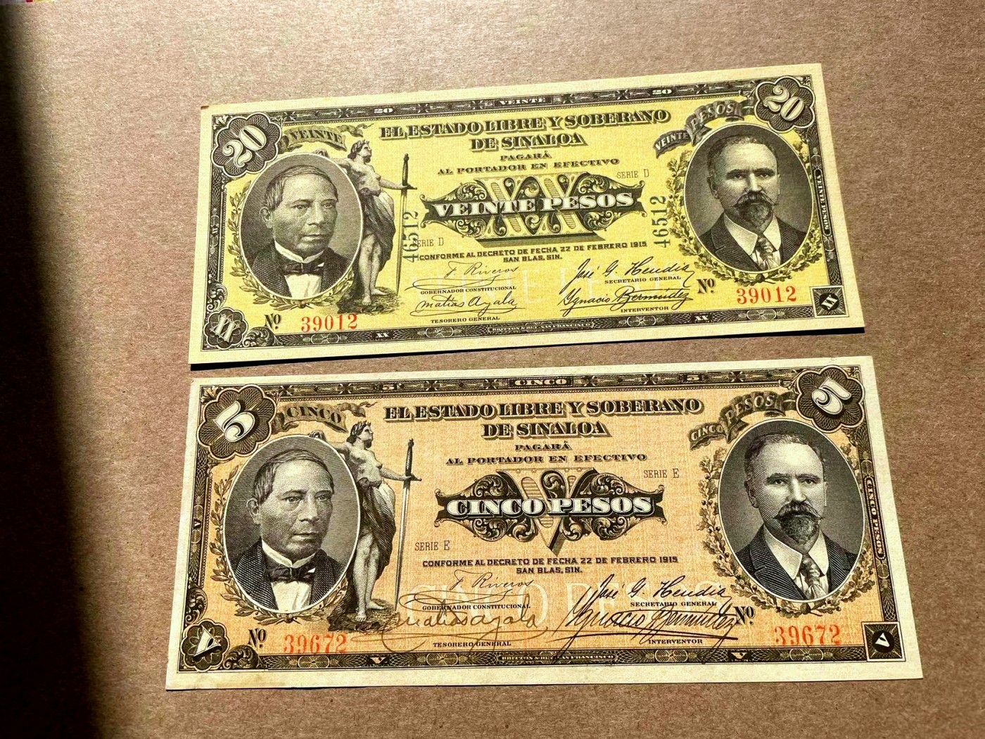 【Blue Auction】✨世界纸币精拍第402期【精】 【一组2张实钞】墨西哥 1915年5-20比索一组 双面设计精美 大票幅 UNC- （有轻微黄）