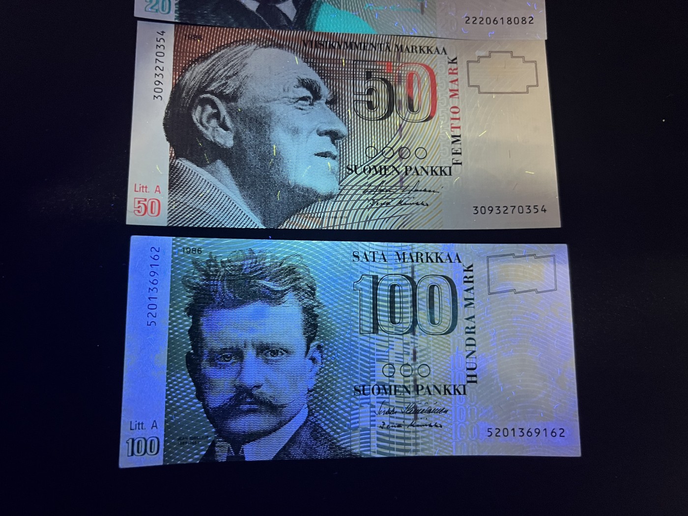 🌗乐淘淘世界纸币拍卖 第32期 🌓 芬兰纸币三张 20/50/100马克 有荧光反应 UNC