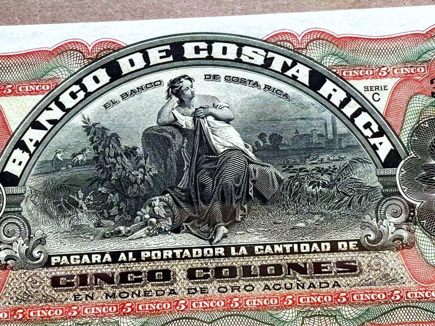 【Blue Auction】✨世界纸币精拍第402期【精】 哥斯达黎加 1908年5克朗 UNC- 雕刻非常精美 大票幅