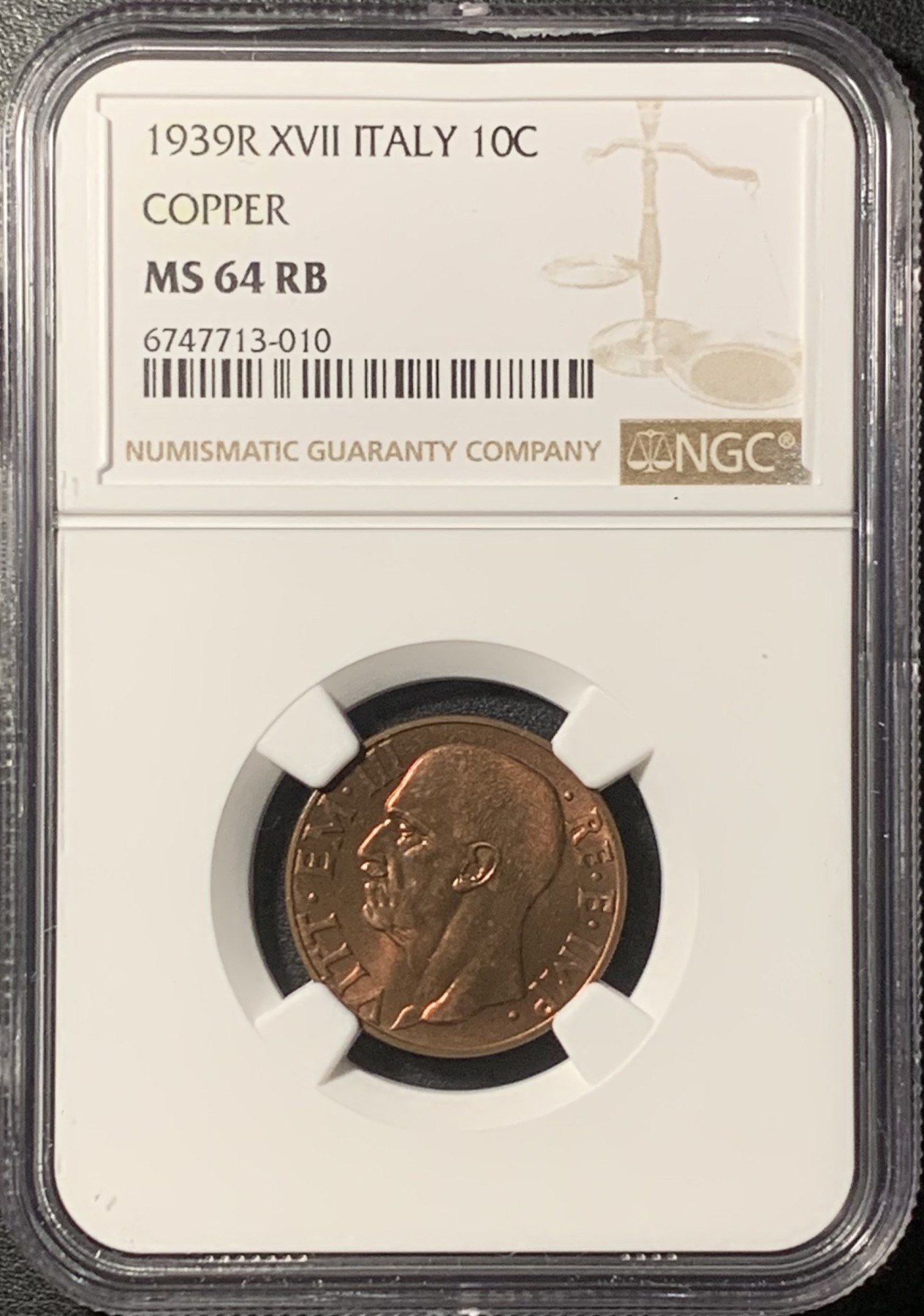 紫瑗钱币——第331期拍卖 意大利 1939年 伊曼纽埃三世 10分 铜币 NGC MS64 RB