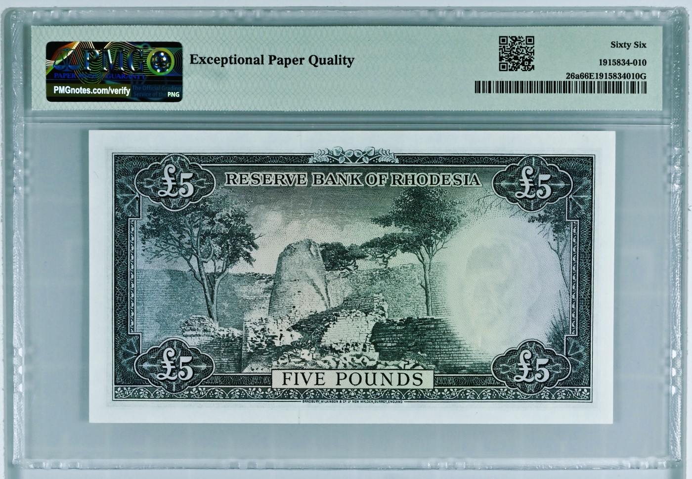 【Blue Auction】✨世界纸币精拍第402期【精】 【首发冠】罗德西亚 1964年5镑 PMG66EPQ  BWC出品 戎装女王 大津巴布韦遗址 精美