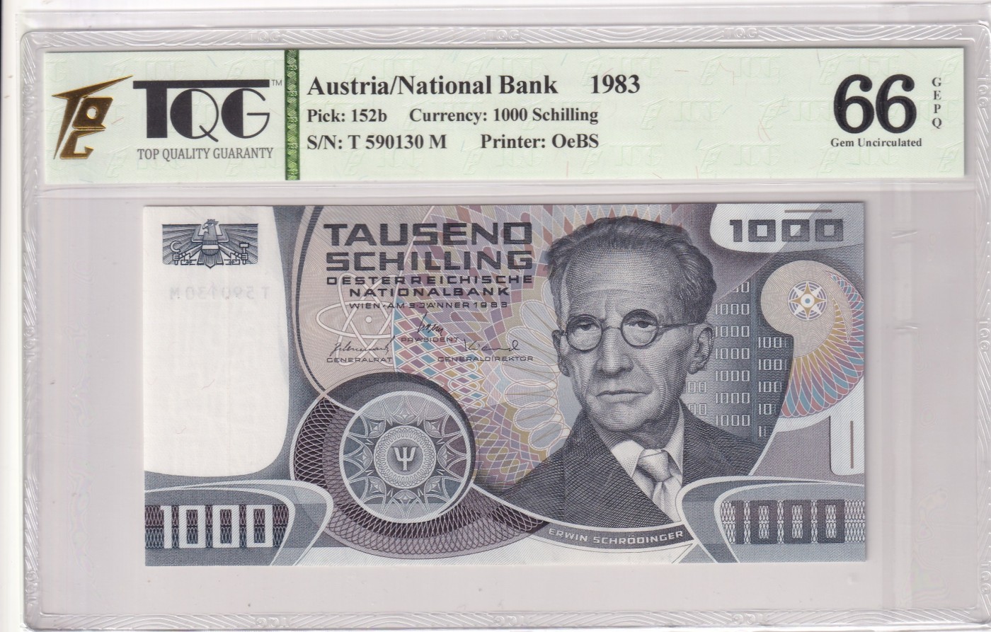 🌗乐淘淘世界纸币拍卖 第32期 🌓 【T 590130 M】奥地利1983年纸币 1000先令 薛定谔 无47 TQG66EPQ