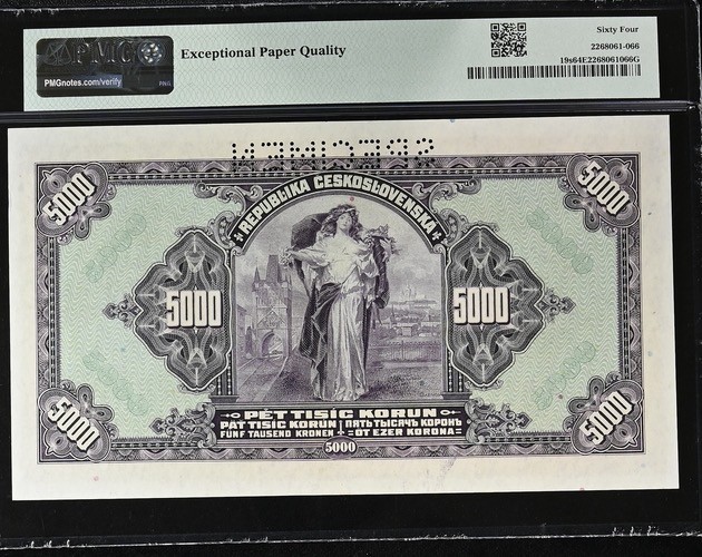 🌗乐淘淘世界纸币拍卖 第32期 🌓 【C 254076】捷克斯洛伐克1920年纸币 5000克朗 样钞 百年老钞 精美大票幅 PMG64EPQ