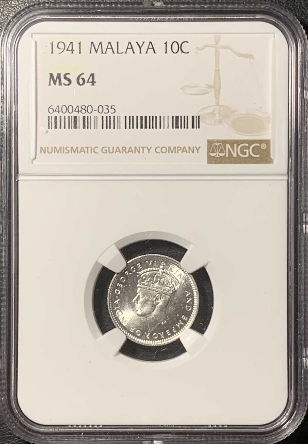 紫瑗钱币——第331期拍卖 马来亚 1941年 乔治六世 10分 银币 NGC MS64