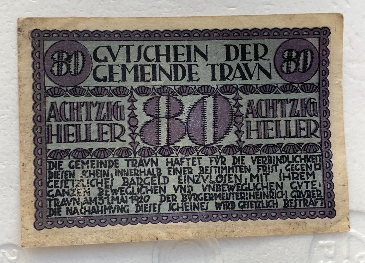 瓶子🏺散币纸币第3期  奥地利德紧时期1920年80赫勒纸币