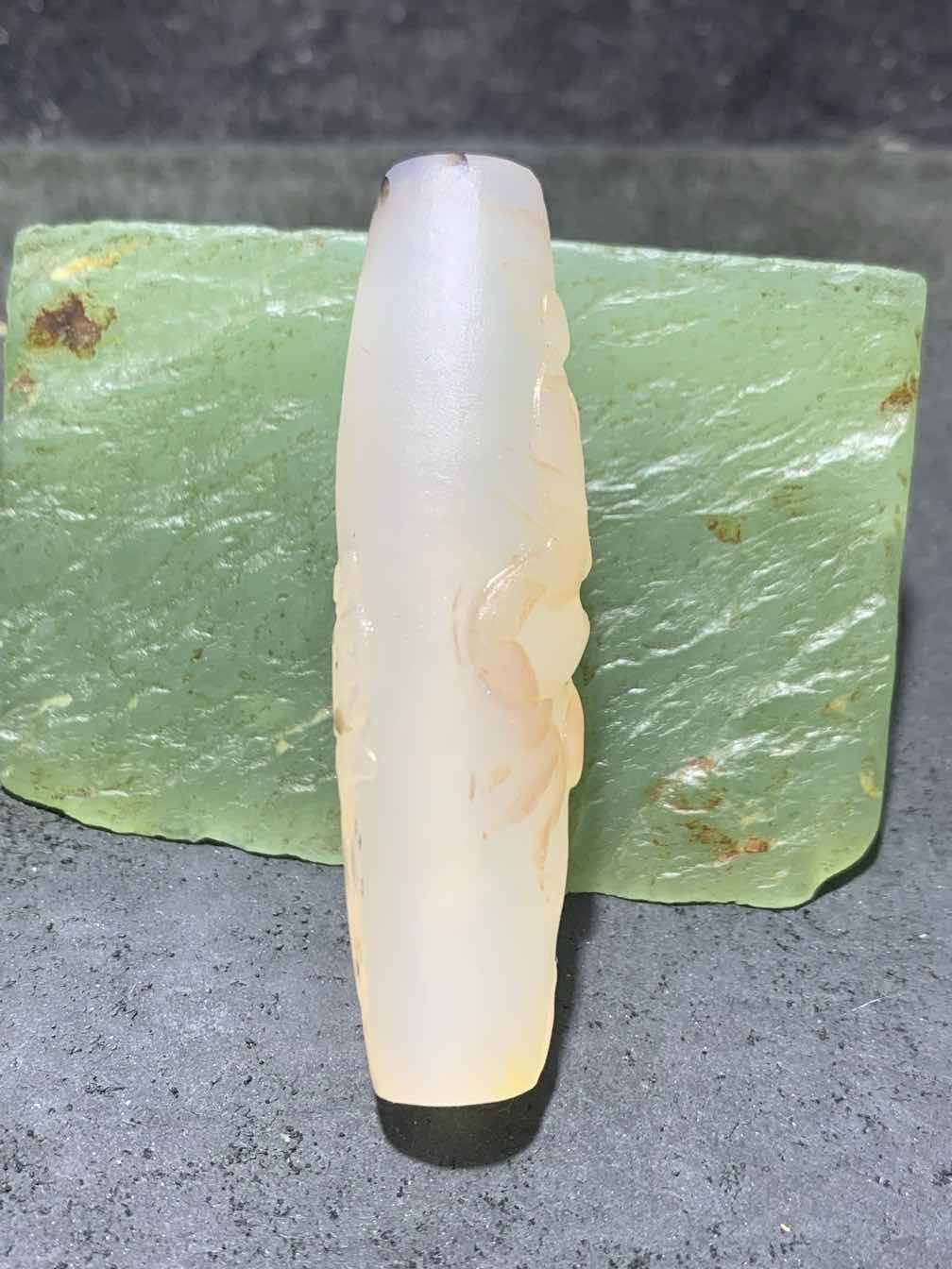 精美高玉化水墨火焰纹俏色海洋玉髓手工雕刻禅字，得道成佛意境大桶珠一个！