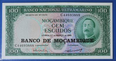 港、澳、台、中外钞、流水签、机签、箱包单、靓号专场第53期 - 葡属莫桑比克 1961年 100埃斯库多 大票幅  纸钞 豹子号 C44693888 UNC一张/如图