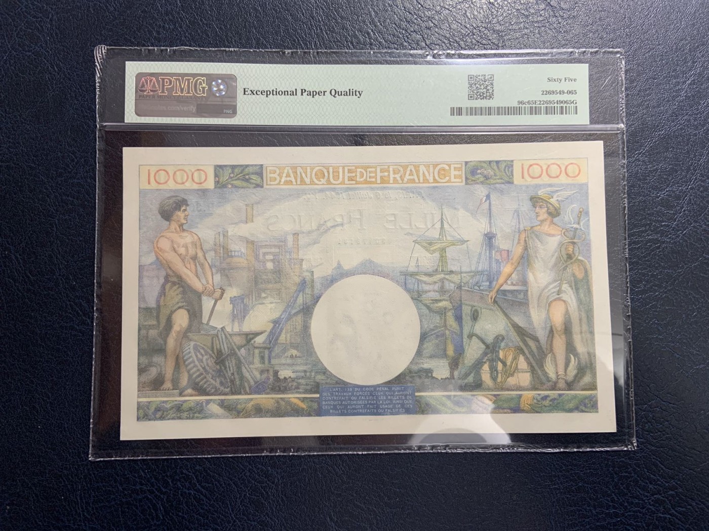 收藏联盟Quantum Auction 第309期拍卖  法国1944年1000法郎 PMG65 全程无47
