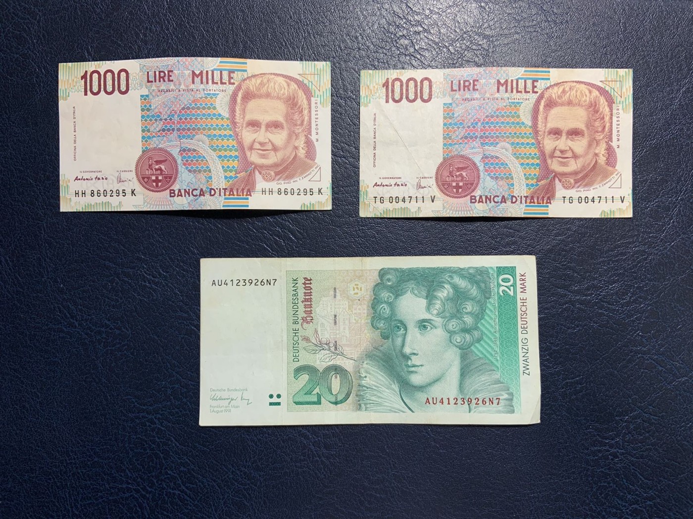 收藏联盟Quantum Auction 第309期拍卖  德国联邦1991年20马克和意大利1992年1000里拉2张 品相如图 