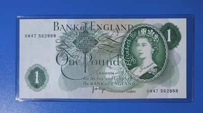 港、澳、台、中外钞、流水签、机签、箱包单、靓号专场第54期 - 英国 1960-70年 1磅 纸币 年轻女王 纸钞 豹子号 HW47 562888 UNC一张/如图