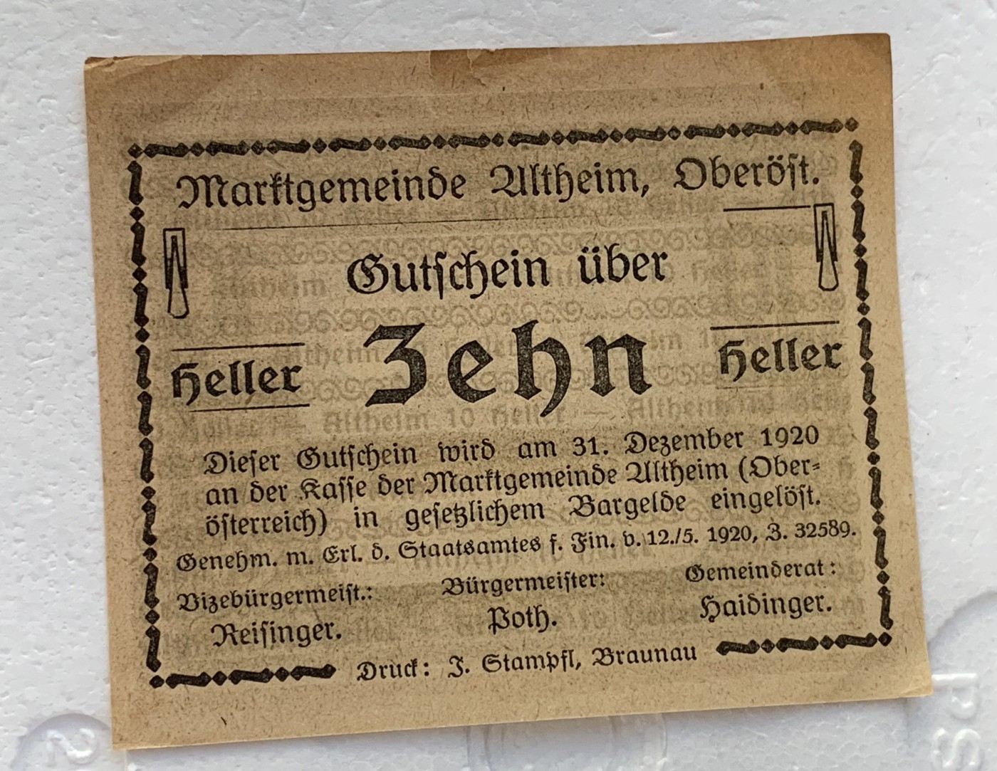 瓶子🏺散币纸币第3期  奥地利德紧时期1920年10赫勒纸币