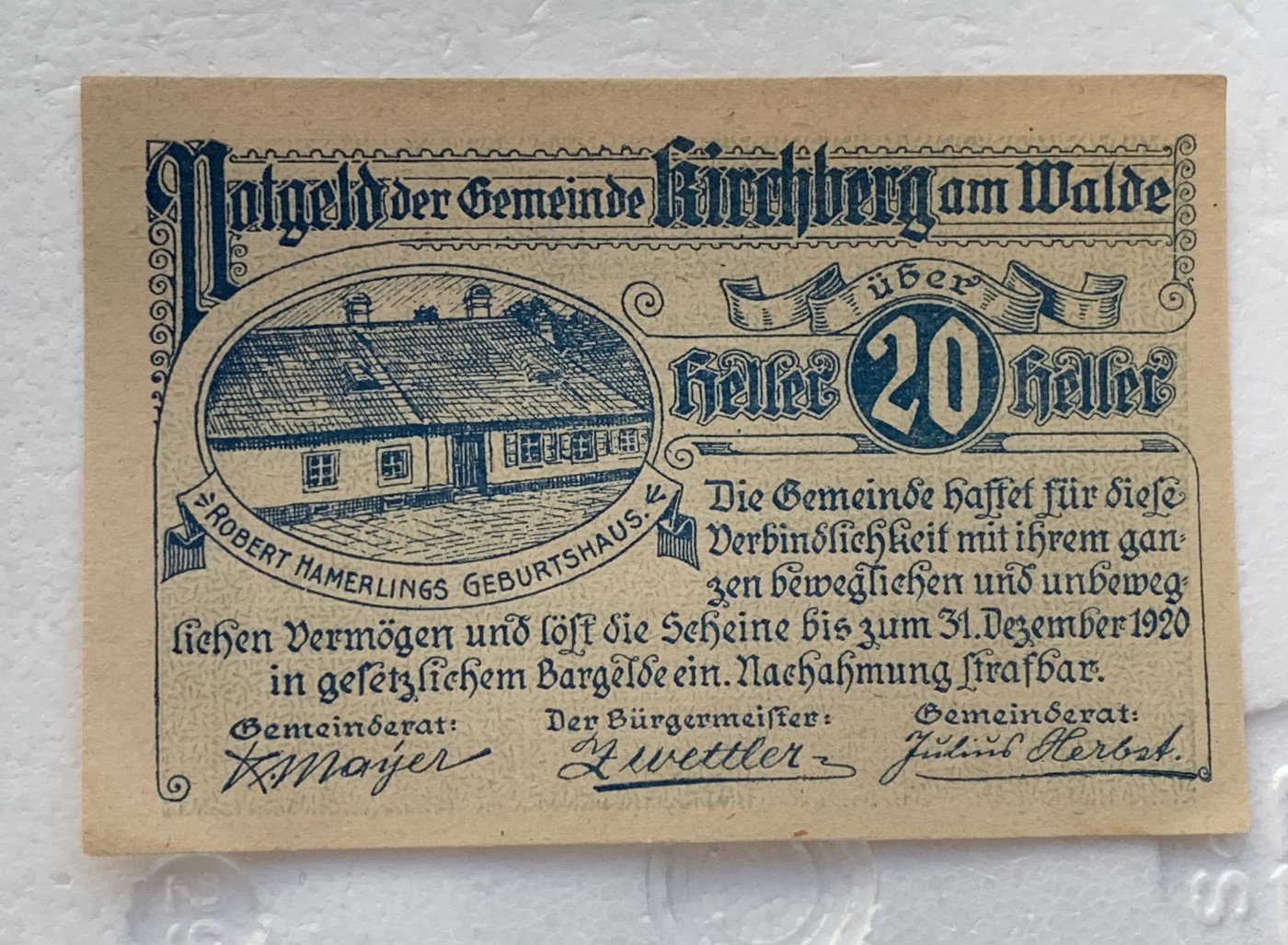 瓶子🏺散币纸币第3期  奥地利德紧时期1920年20赫勒纸币