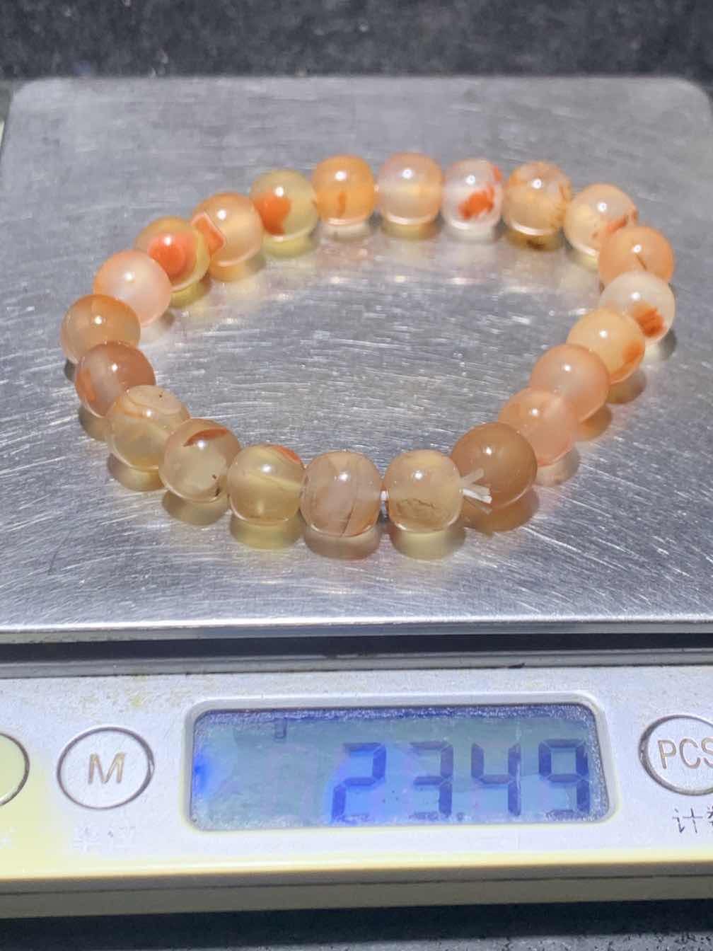 川料冰飘柿子红南红玛瑙老形桶珠手串一条，