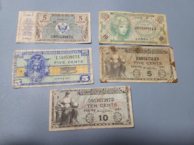 外国纸币第10场 - 美国军票MPC系列 破旧品一组5枚