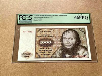 【Blue Auction】✨世界纸币精拍第403期【精】 -  德国 1977年1000马克 经典舍那 雕刻精美 PCGS66EPQ 绿标 状态佳
