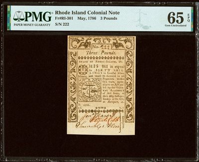 【Blue Auction】✨世界纸币精拍第403期【精】 - 【222豹子号小号非常罕见 仅一张更高分 最高值 手签实钞】美国 早期殖民券 罗德岛殖民时期发行的1786年3镑 高值 PMG65EPQ 如此绝的品相实属罕见 何况这种靓号 背面下方写了”Death to Counterfeit”（伪造者处死）文物级别 