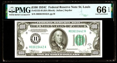 【Blue Auction】✨世界纸币精拍第403期【精】 - 【少见圣路易斯版本】美国 早期 1934年100美金 富兰克林 PMG66EPQ 高分高价值