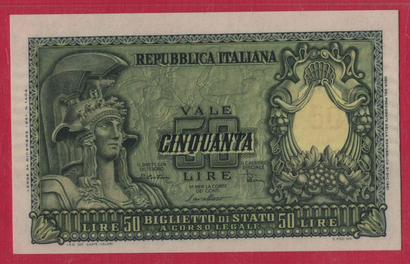 意大利1951年50里拉 克劳斯目录P-91b 欧洲纸币 实物图 UNC