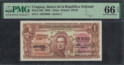 乌拉圭1939年1比索 P-35b b版稀少 签名如图 美洲纸币 实物图 UNC - 乌拉圭1939年1比索 P-35b b版稀少 签名如图 美洲纸币 实物图 UNC