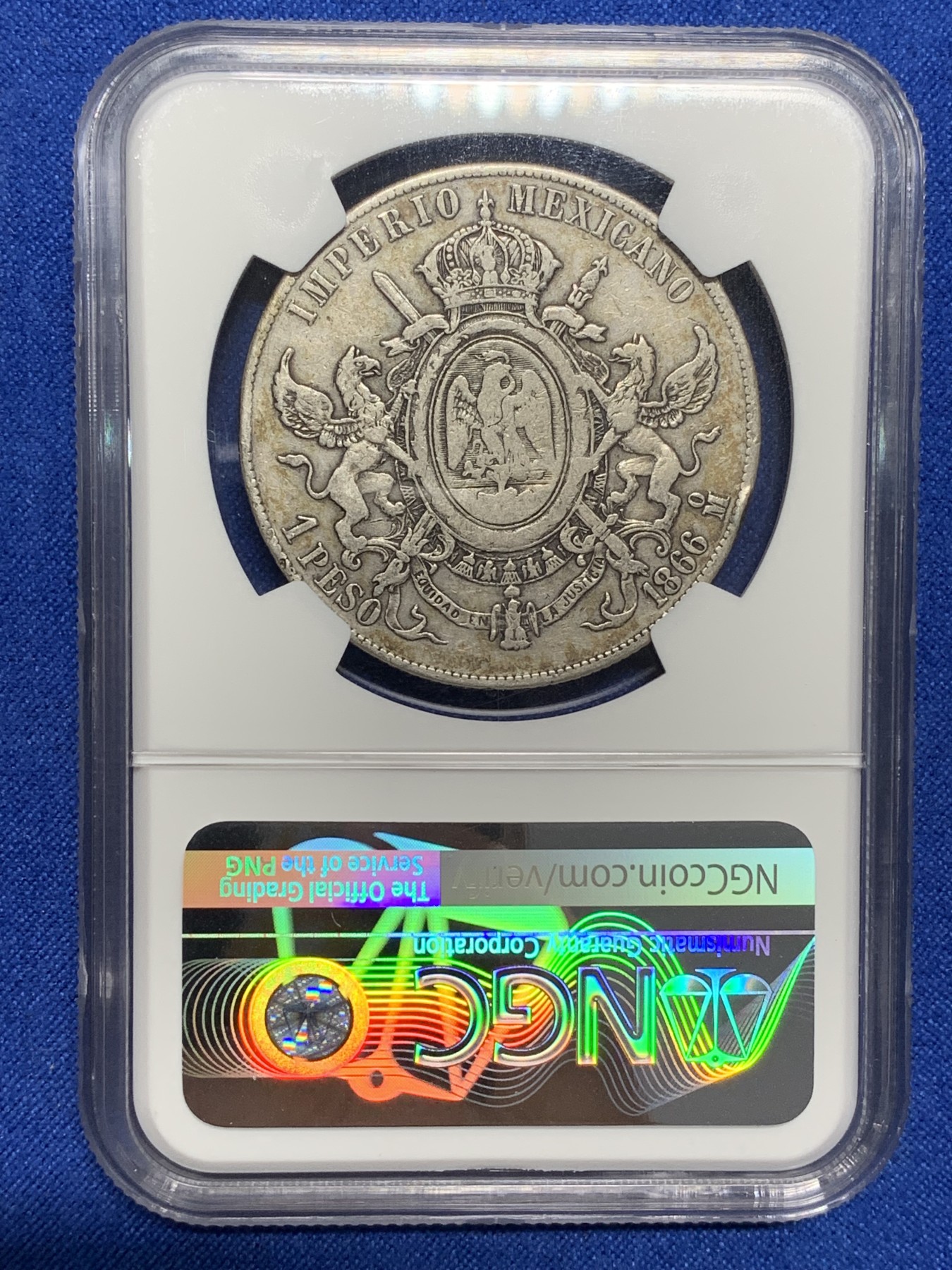 《竞宝斋》第222场-周日，周一 2场 (全场包邮) NGC VF25 墨西哥1866年马克西米利安1比索 原味老包浆 出分不容易 高价品种