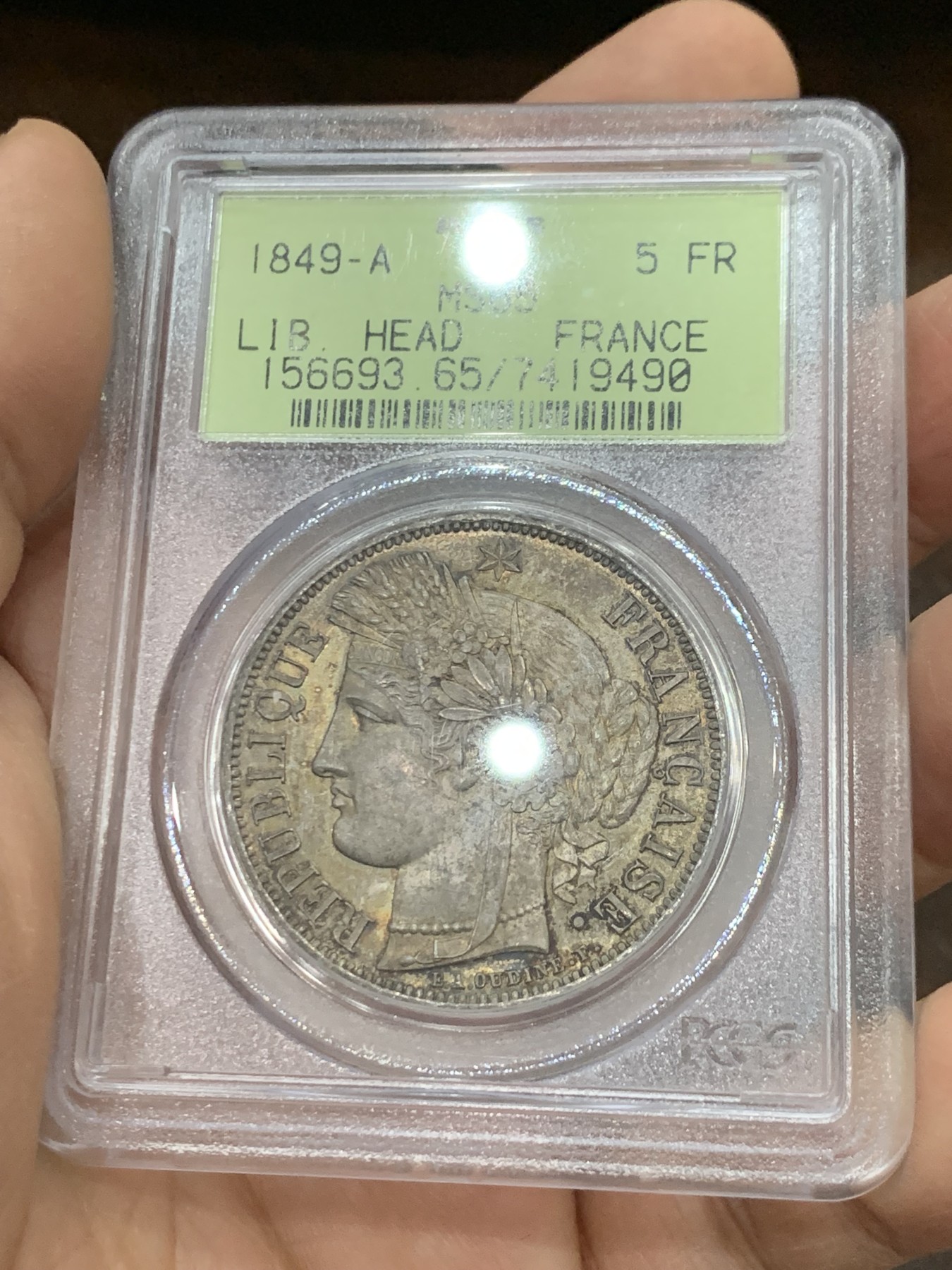 《竞宝斋》第222场-周日，周一 2场 (全场包邮) PCGS MS65 法国 1849 谷物女神 5法郎银币 等级高分 状态同样惊人 双面金黄包浆 早期绿盒