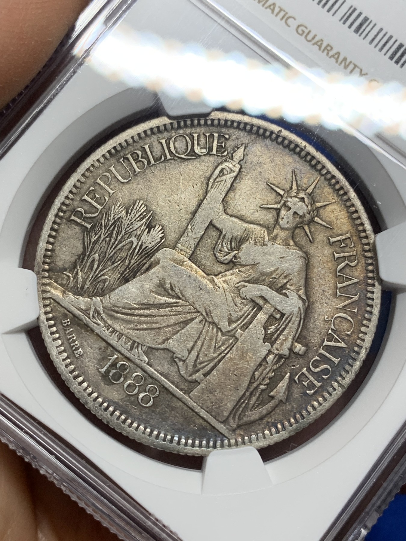 《竞宝斋》第222场-周日，周一 2场 (全场包邮) NGC VF 坐洋银元1888年法属印支银币1皮埃斯特 少见五珍加重版 原味老包浆 发财年份