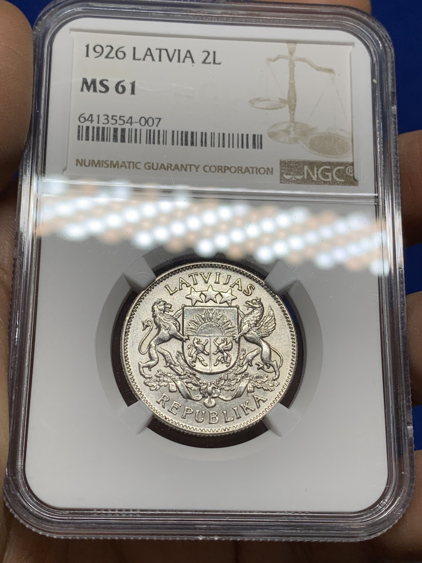 《竞宝斋》第222场-周日，周一 2场 (全场包邮) 两枚一组 NGC拉脱维亚银币一对 UNCD 1924年1拉特+MS61 1926年2拉特