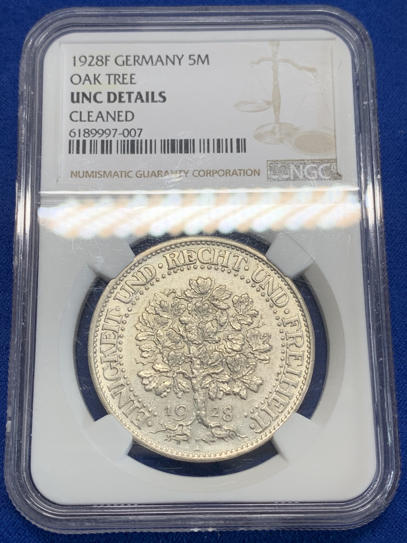 《竞宝斋》第222场-周日，周一 2场 (全场包邮) NGC UNC 德国魏玛 1928年F版 5马克橡树银币 双面转光 品相不错