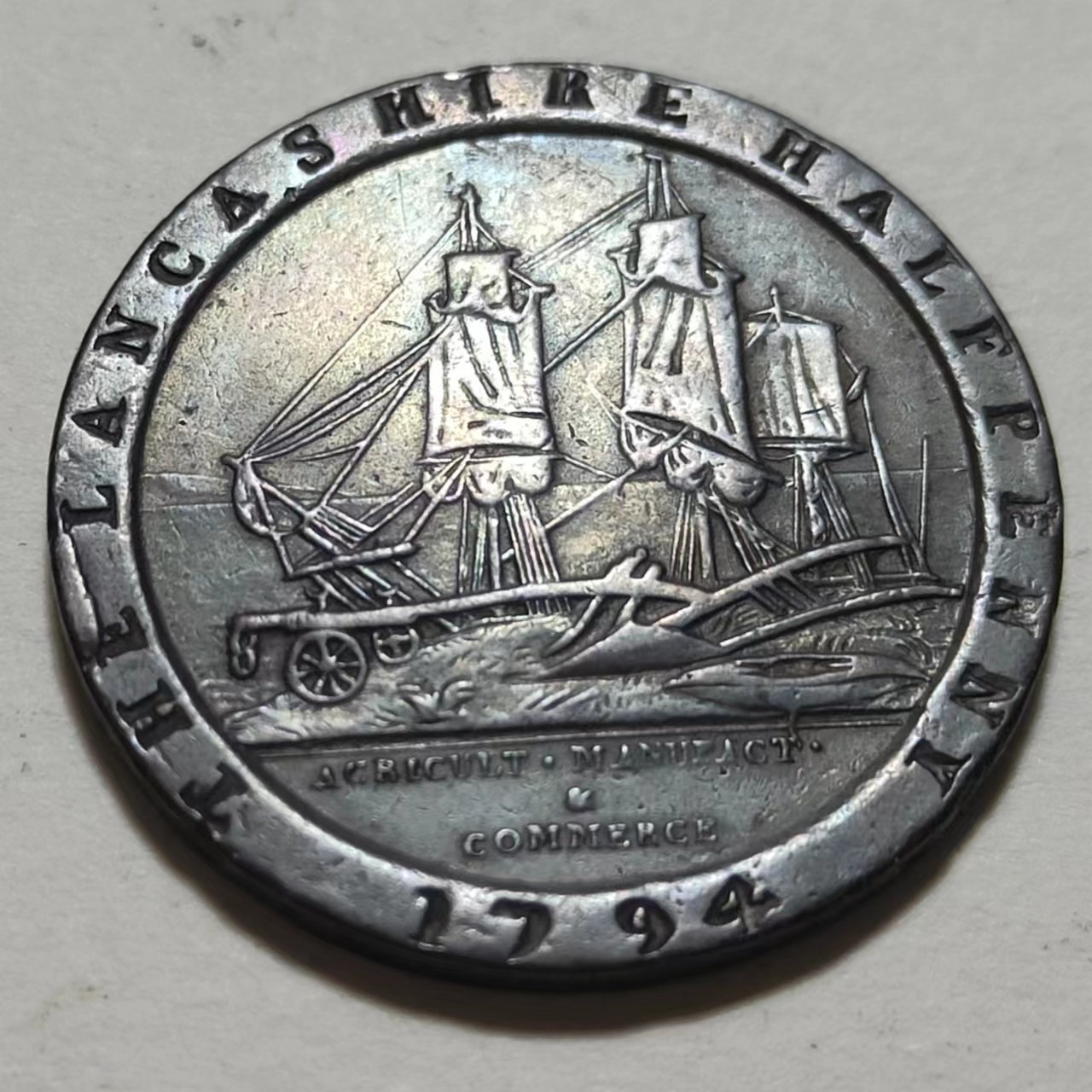 🎡物与斋第2场-德紧及欧洲回流钱币（0元起自动拍） 英国1794年兰开斯特郡铜代币，conder token小名誉品，车轮便士宽边铭技术的首次应用，包浆醇厚，带老藏家原纸袋，购于1979年8月Barrows拍卖行